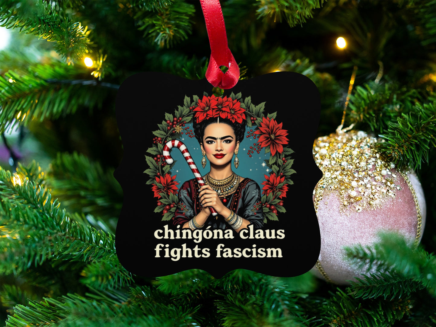 Chingóna Claus Fights Fascism Christmas Ornament