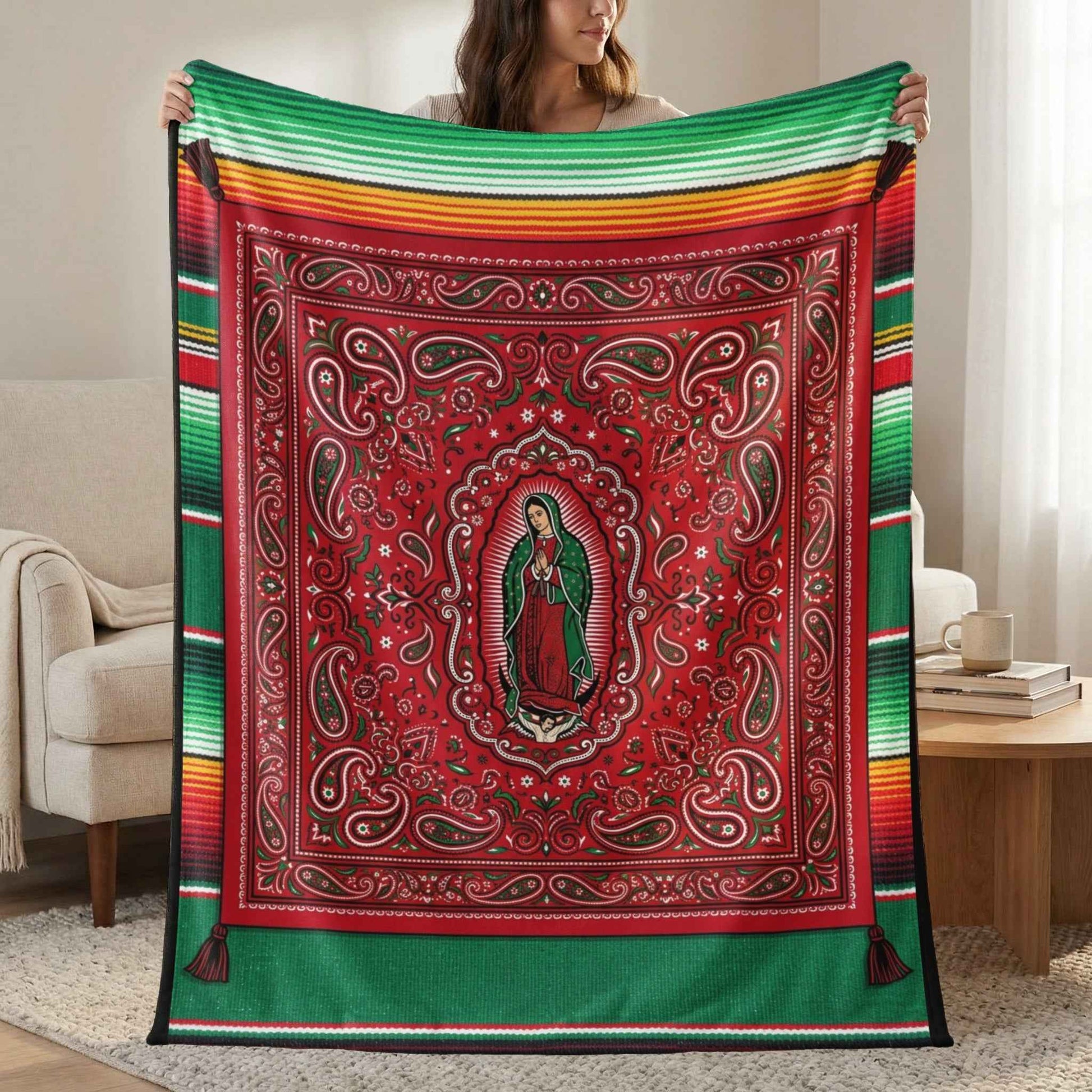 Our Lady of Guadalupe Bandana Paisley Serape Blankets, Mexican Virgin Mary Spiritual Art, Red Green Cultural Decor Throw Blankets