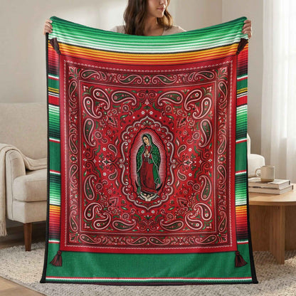 Our Lady of Guadalupe Bandana Paisley Serape Blankets, Mexican Virgin Mary Spiritual Art, Red Green Cultural Decor Throw Blankets