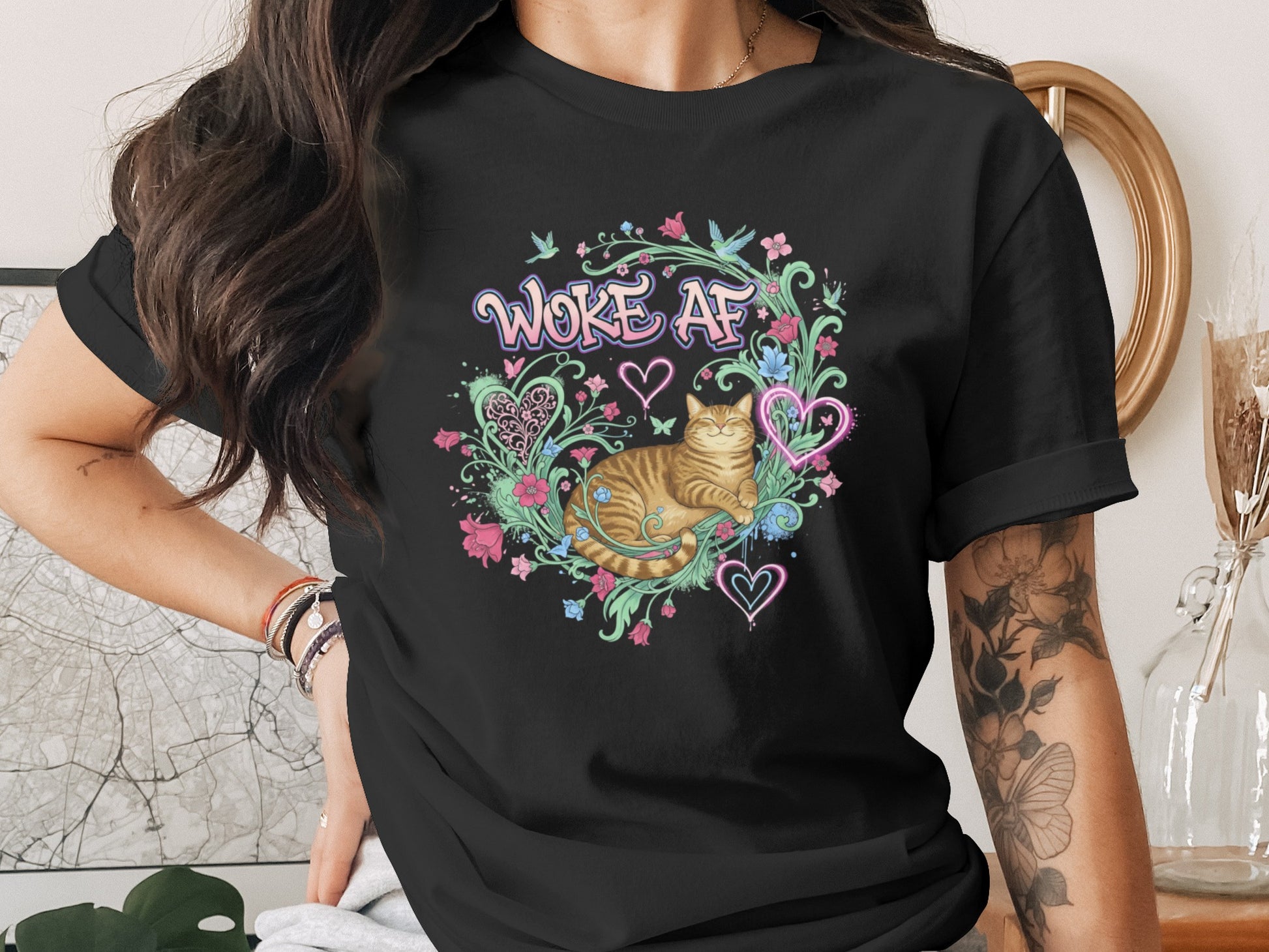 Woke AF Cat Graphic Shirt with Colorful Floral Design