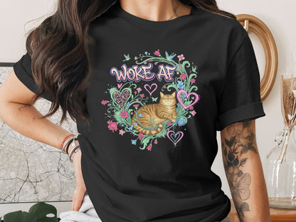 Woke AF Cat Graphic Shirt with Colorful Floral Design
