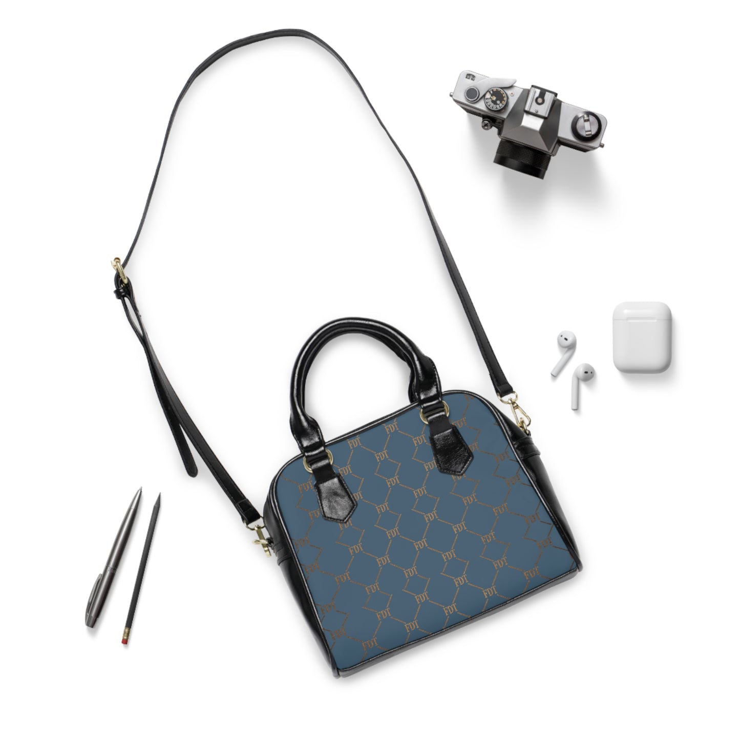 FDT Subtle Blue Monogram Shoulder Handbag Anti Trump Designer Patterned Tote for Everyday Chic