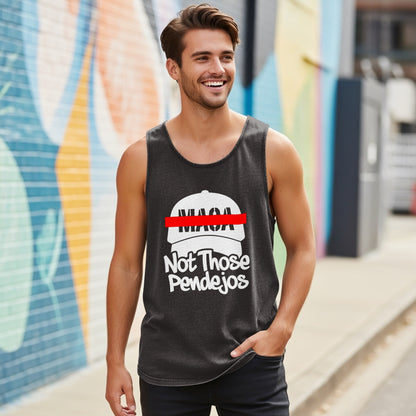 Man wearing dark grey tank top with "MAGA Not Those Pendejos" graphic.