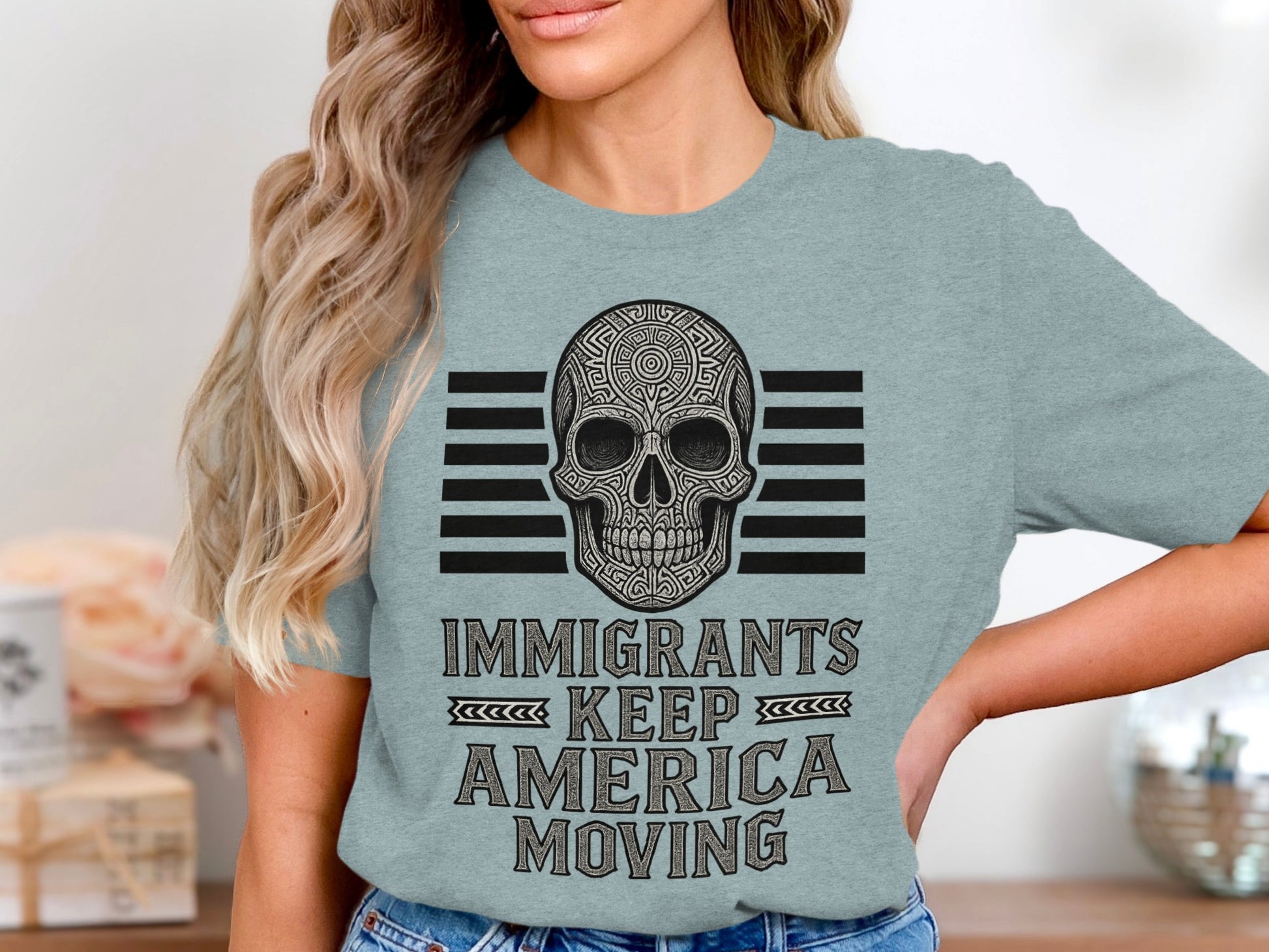 Immigrants Keep America Moving Skull Graphic Shirt