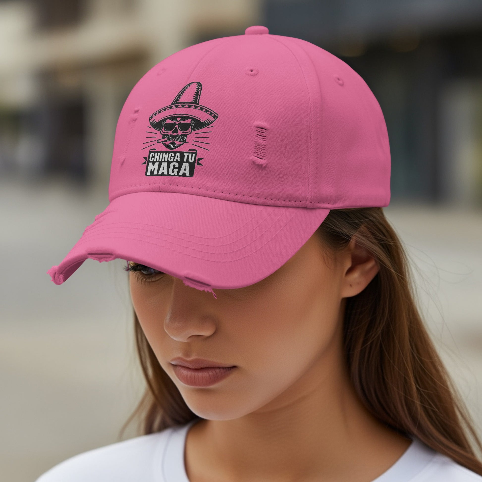 Chinga Tu M*ca Mexican Hat Skull Distressed Hat product