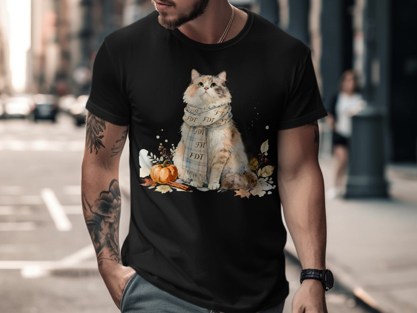 Adorable Cat in a Scarf Autumn Theme T-Shirt