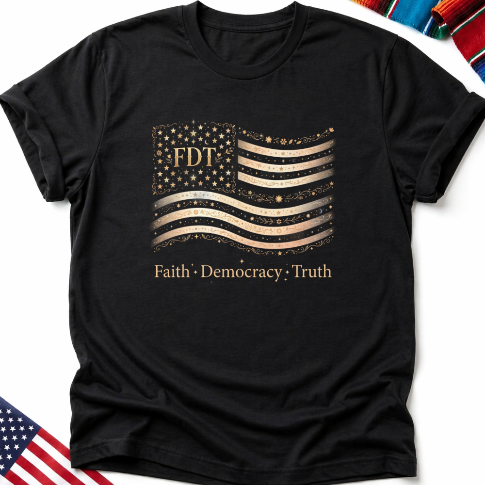 Black t-shirt with gold American flag design and text "FDT Faith·Democracy·Truth".