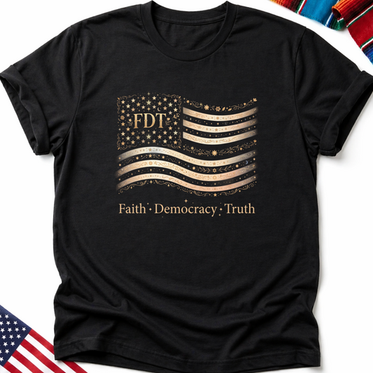 Black t-shirt with gold American flag design and text "FDT Faith·Democracy·Truth".