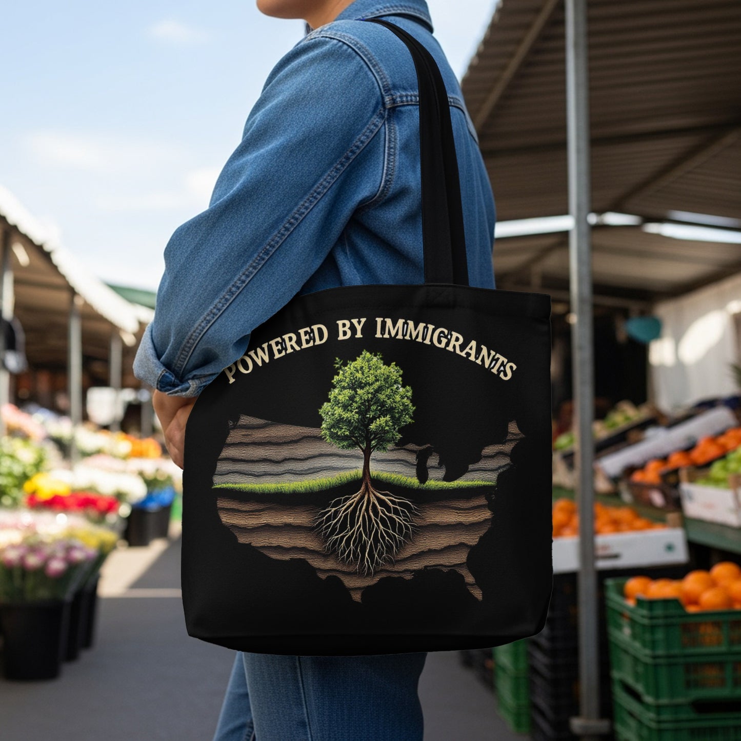 Tote bag with a tree rooted in an outline of the USA, reading "POWERED BY IMMIGRANTS".