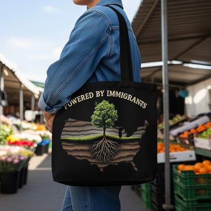Tote bag with a tree rooted in an outline of the USA, reading "POWERED BY IMMIGRANTS".