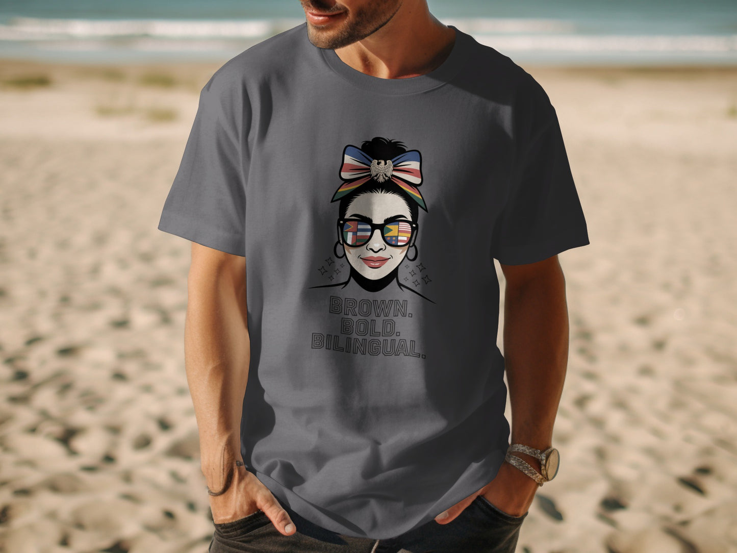 Woman with Sunglasses Brown Bold Bilingual T-shirt product type