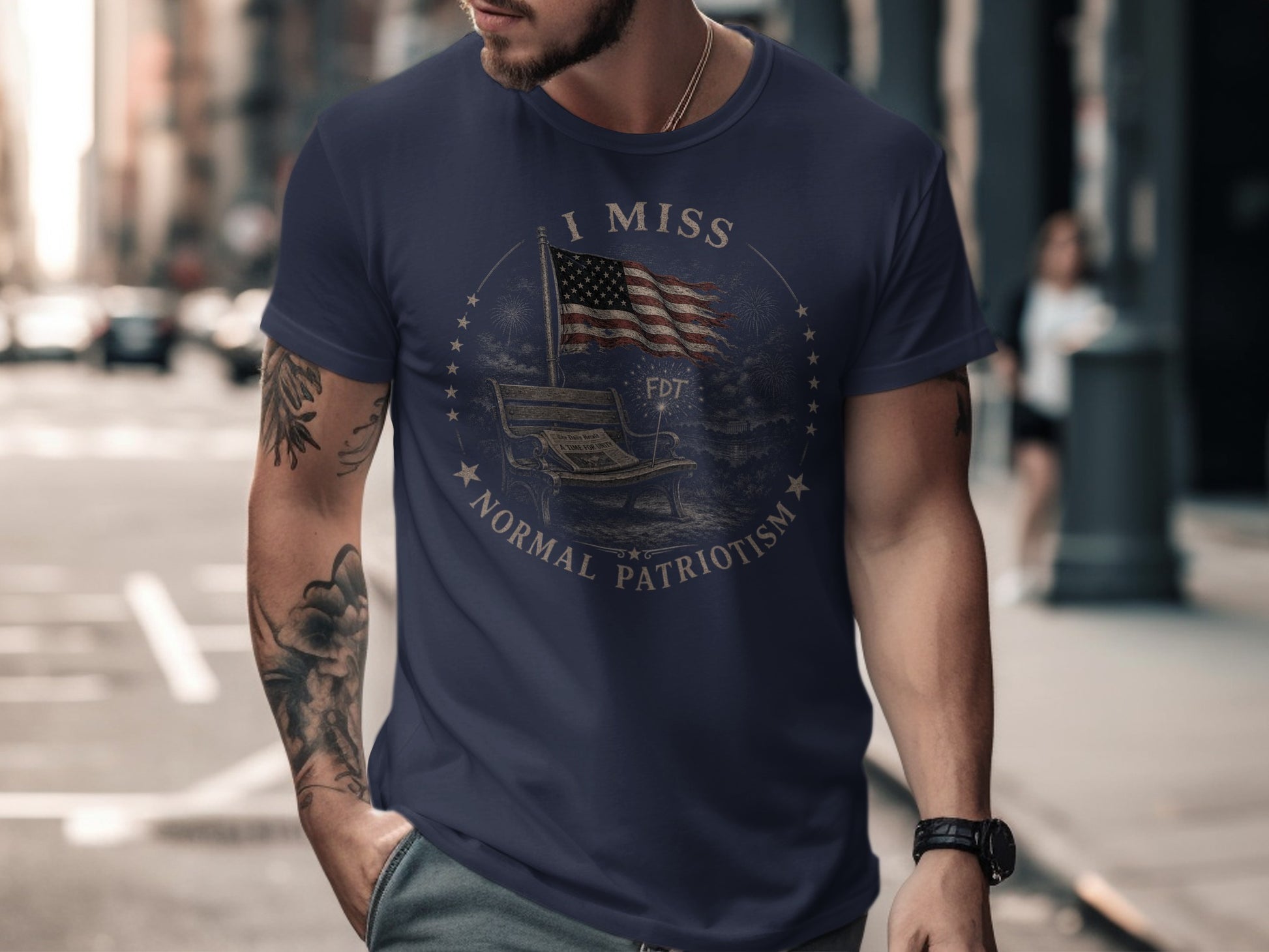 Dark blue t-shirt with "I MISS NORMAL PATRIOTISM" and US flag design.