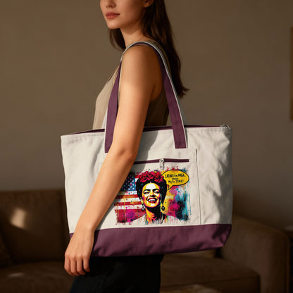 Woman carrying tote bag with "Latinos for MAGA, Make America Great Joke" graphic.
