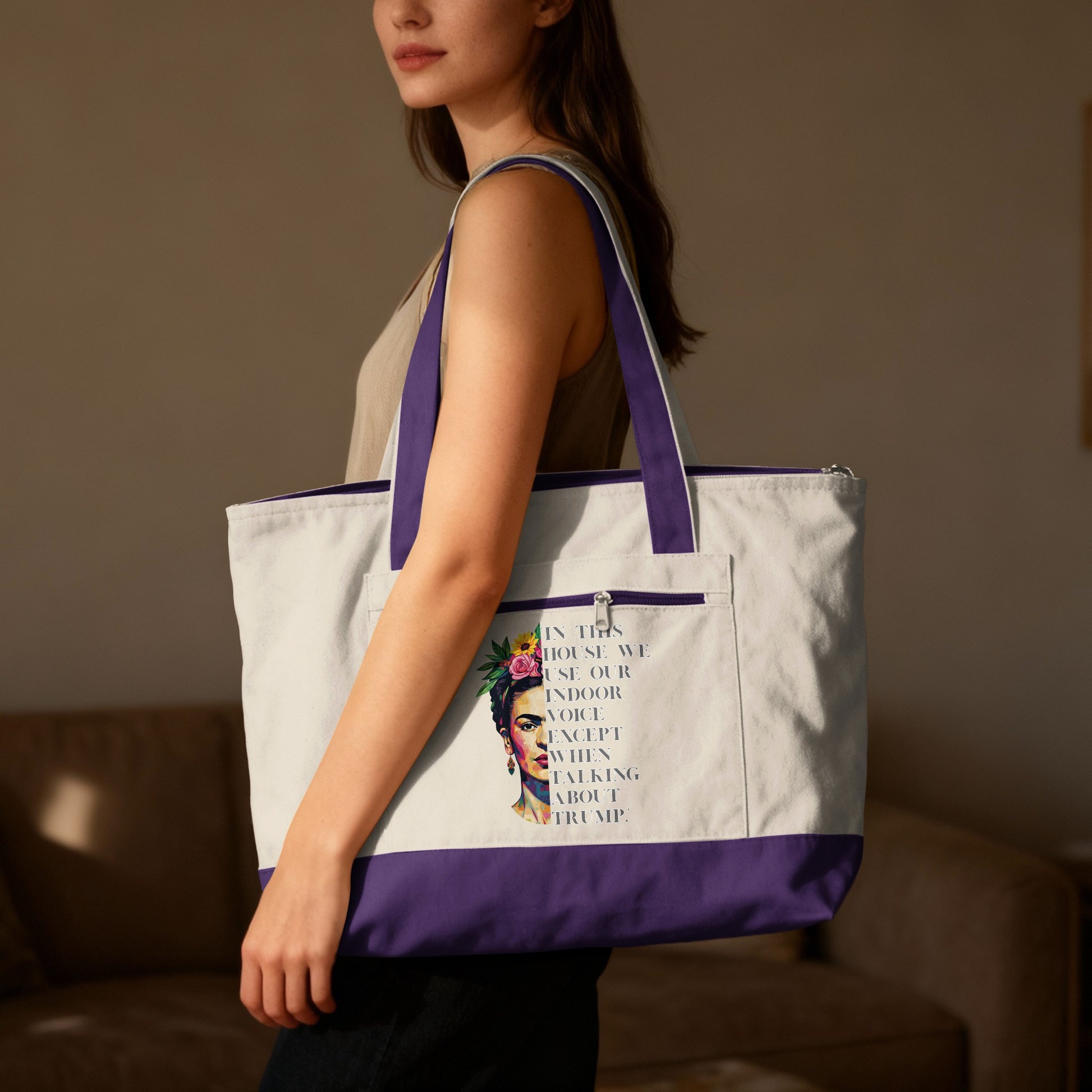 Tote bag with Frida Kahlo illustration and "In this house we use our indoor voice except when talking about Trump."