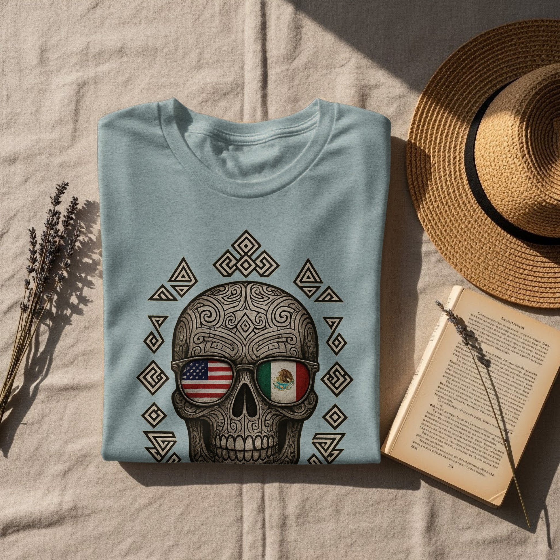 Intricate Skull Shirt American Mexican Flags Design Apparel