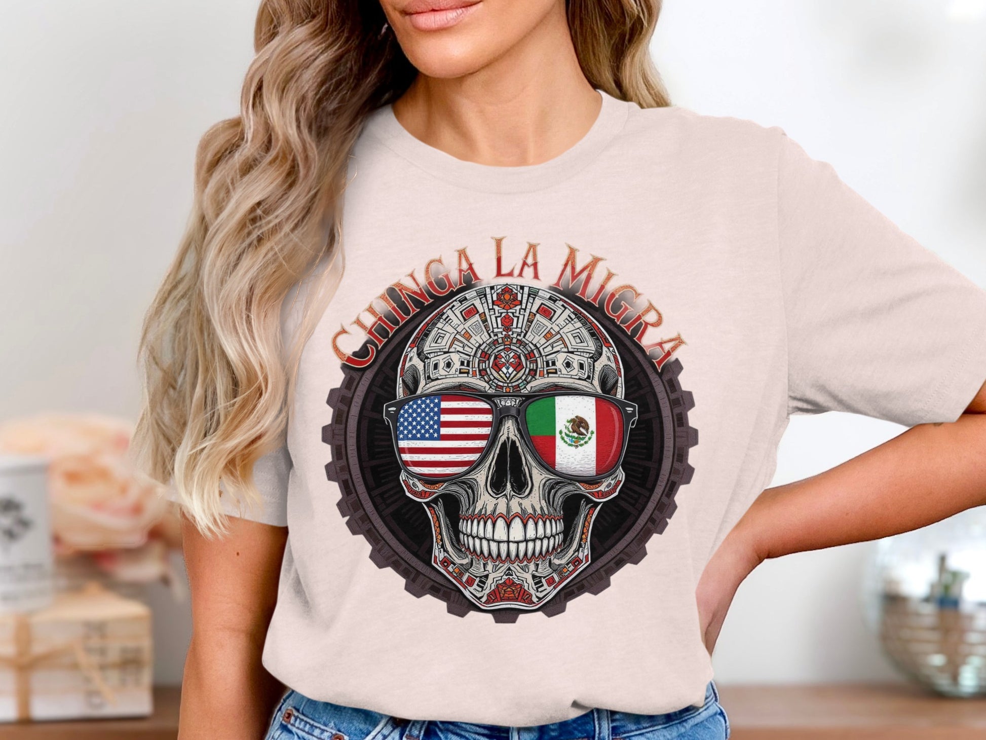 Chinga La Migra Skull Design Graphic Tee shirt product type
