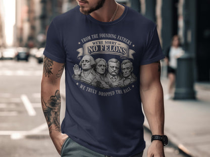 T-shirt with founding fathers, "No Felons" text, and a distressed flag.