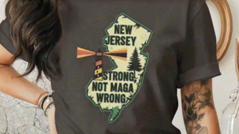 A person wearing a black t-shirt with a graphic design of the state of New Jersey and the text "New Jersey Strong, Not Maga Wrong" printed on it.