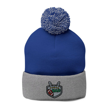 Blue and Grey Badge Pom-Pom Beanie Hat