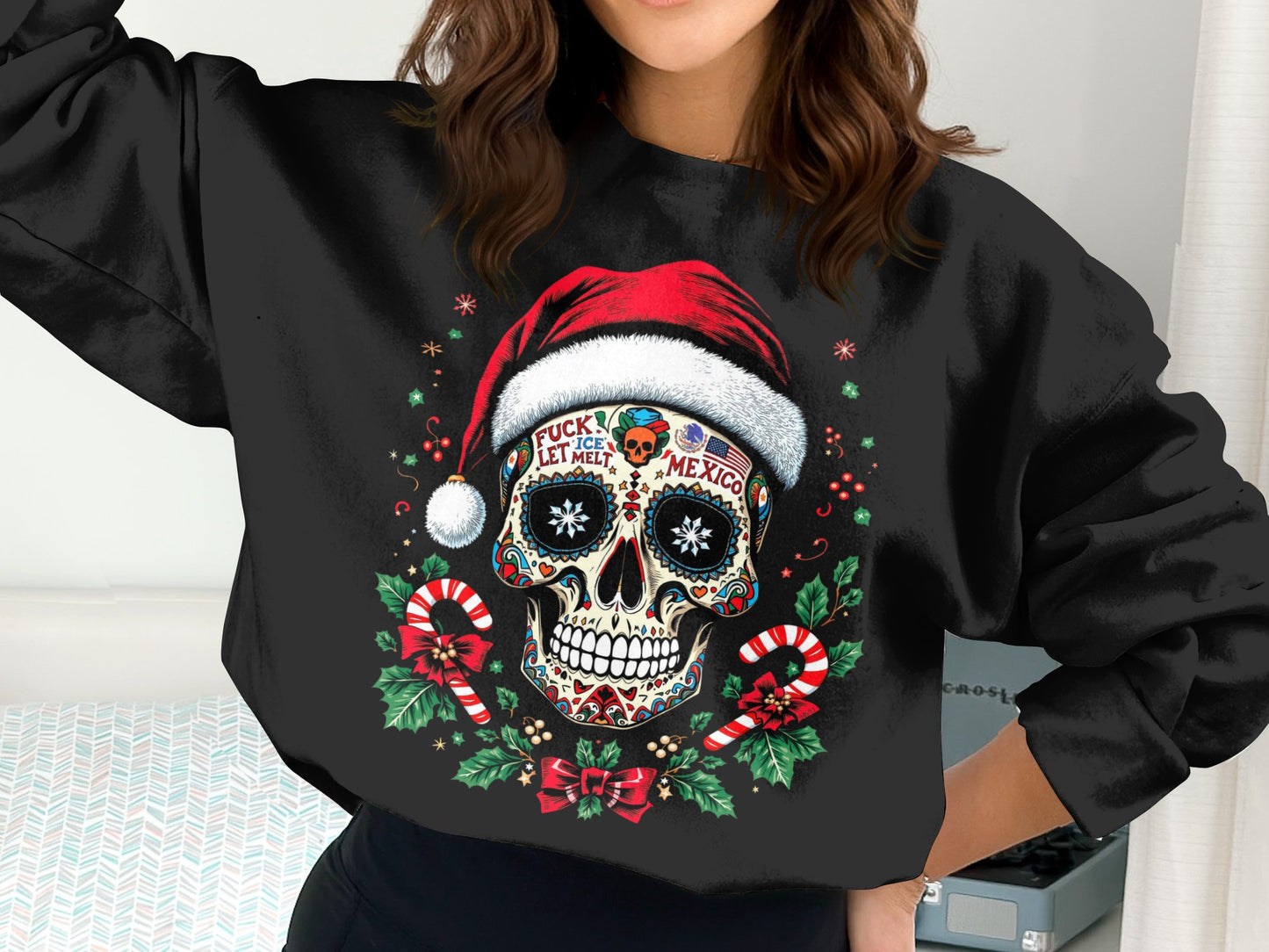Festive Sugar Skull Santa Hat Candy Cane Sweatshirt
