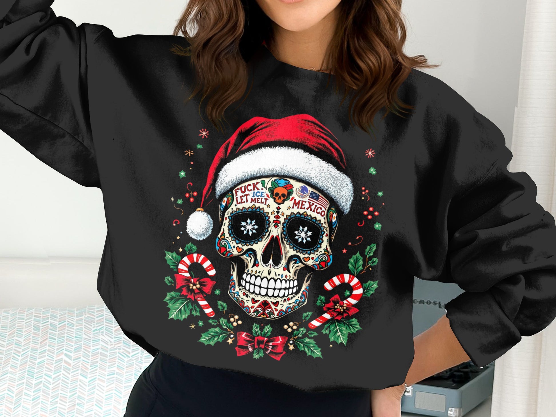 Festive Sugar Skull Santa Hat Candy Cane Sweatshirt