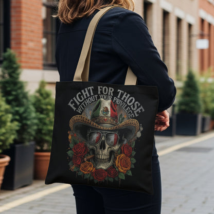 Tote bag with a skull wearing a cowboy hat, sunglasses, and Mexican flag, surrounded by roses.