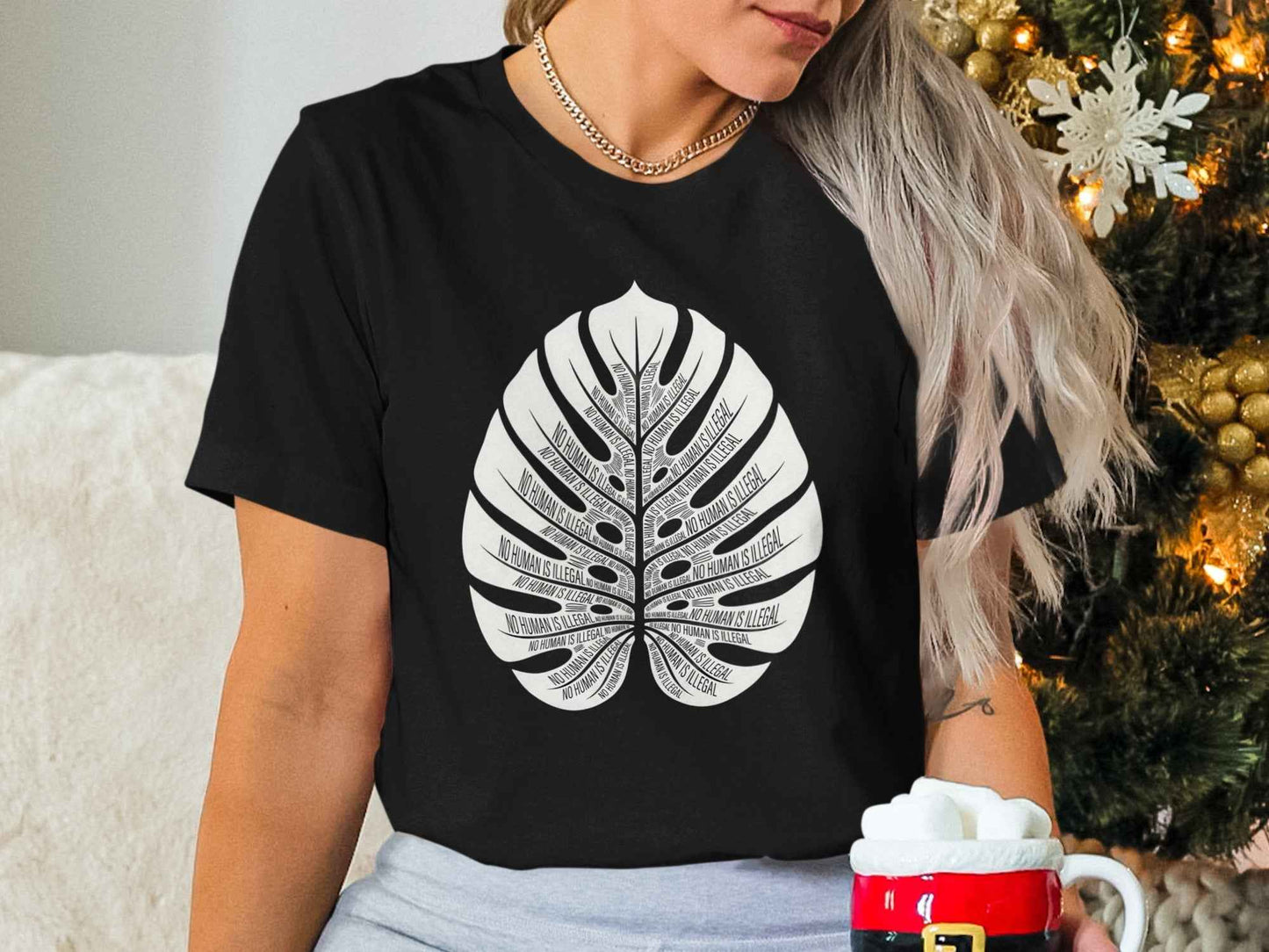 No Human Is Illegal Monstera Leaf T-Shirt, Human Rights Tee, Social Justice Shirt, Activism Apparel, Botanical Statement Design T-Shirts