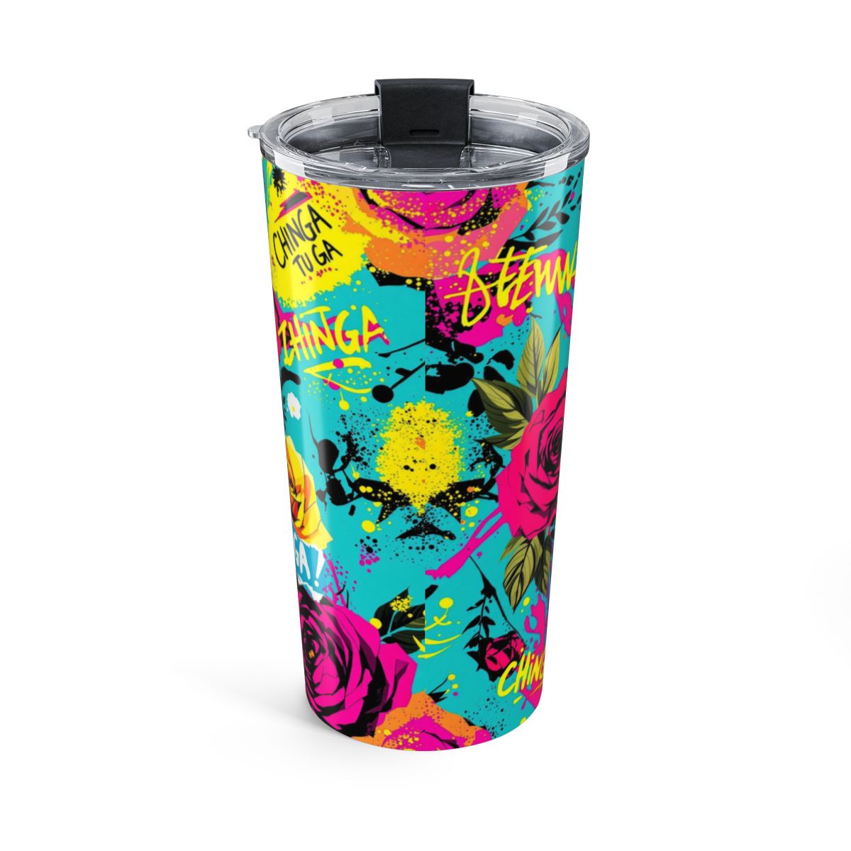 Colorful floral tumbler with artistic graffiti details