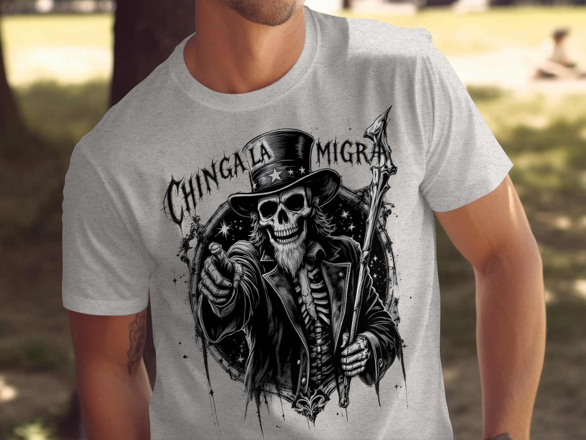 Chingala Migra Skeleton Riding on Reaper T-Shirt product type