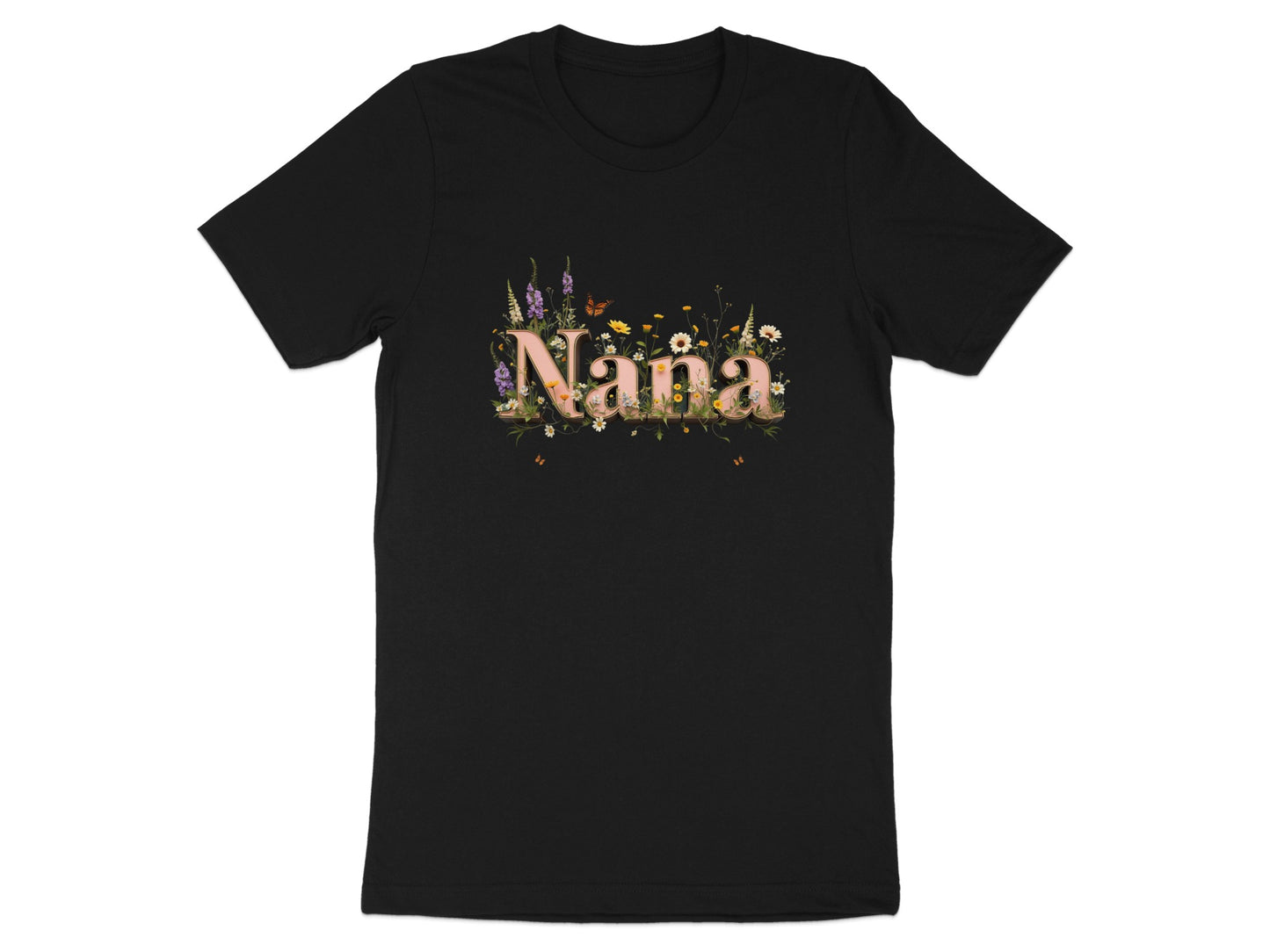 Black t-shirt with "Nana" text adorned with floral and butterfly graphics.