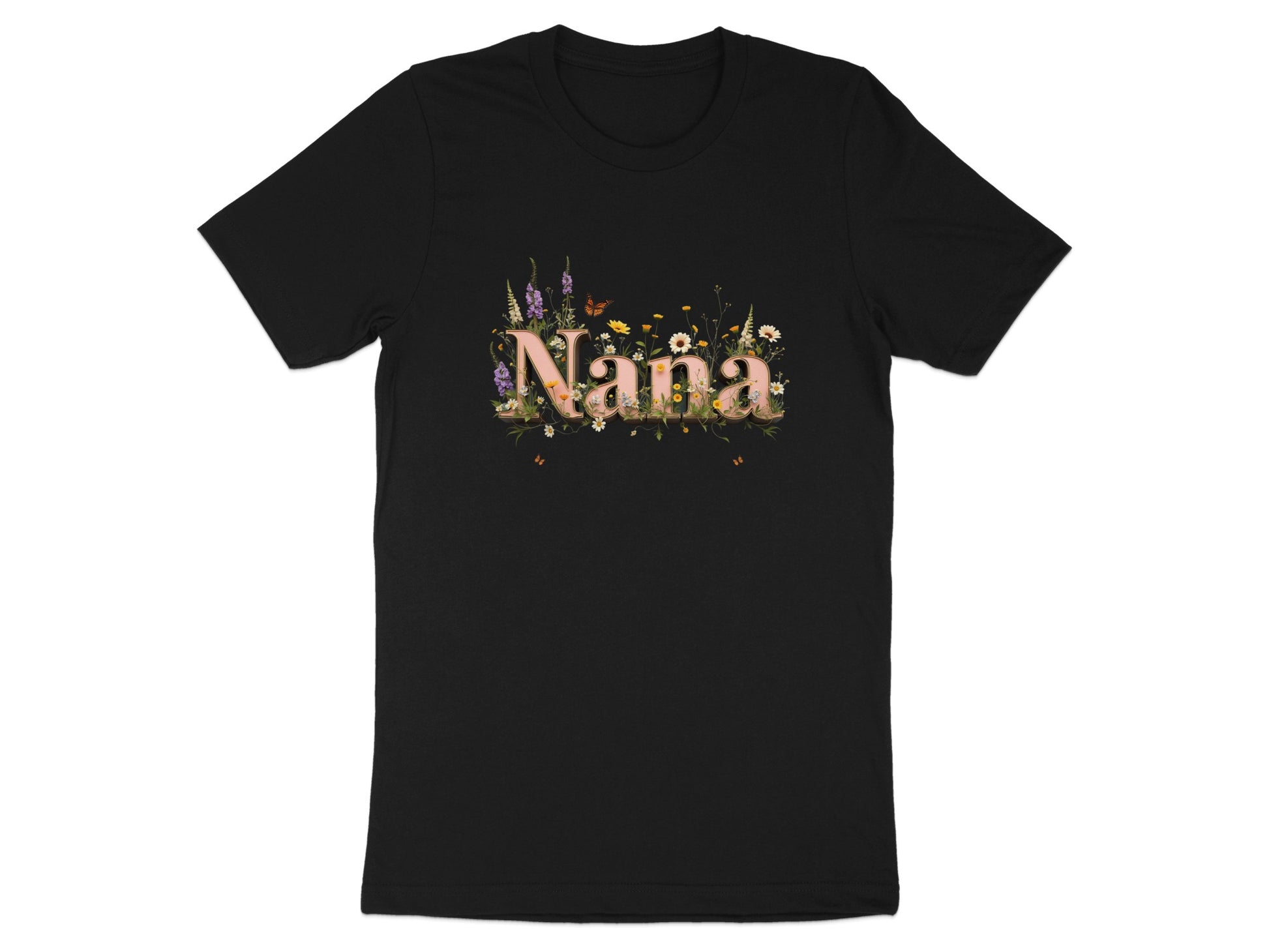 Black t-shirt with "Nana" text adorned with floral and butterfly graphics.