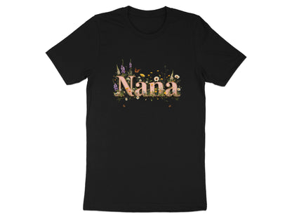 Black t-shirt with "Nana" text adorned with floral and butterfly graphics.