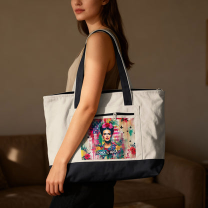 Tote bag featuring Frida Kahlo with American flag and floral accents.