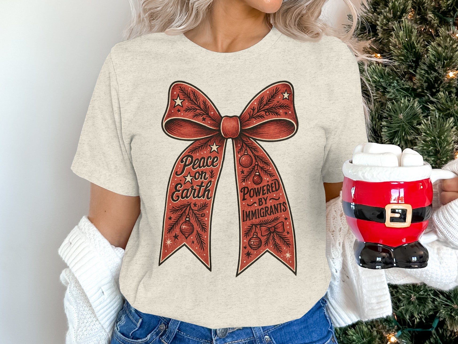 Peace On Earth Powered By Immigrants Bow Shirt