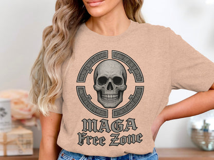 MAGA Free Zone Skull Graphic Tee Statement Shirt