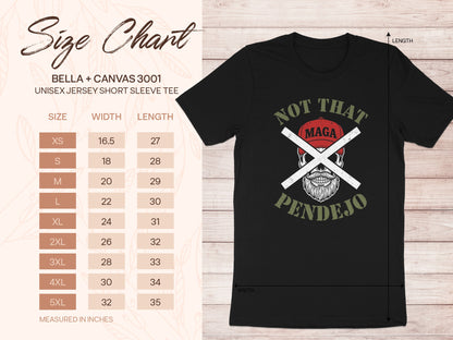 Bella + Canvas unisex t-shirt size chart with graphic of skull wearing MAGA hat.