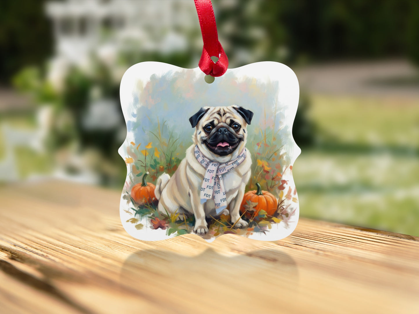 Decorative ornament featuring pug in autumn scenery