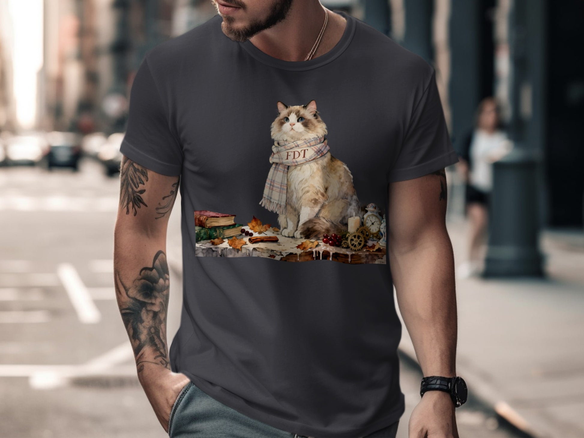 Stylish Cat with Accessories Printed T-shirt Design