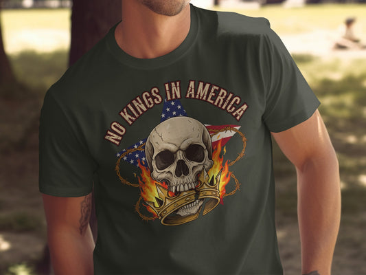 No Kings in America Skull with Flames Graphic Tee
