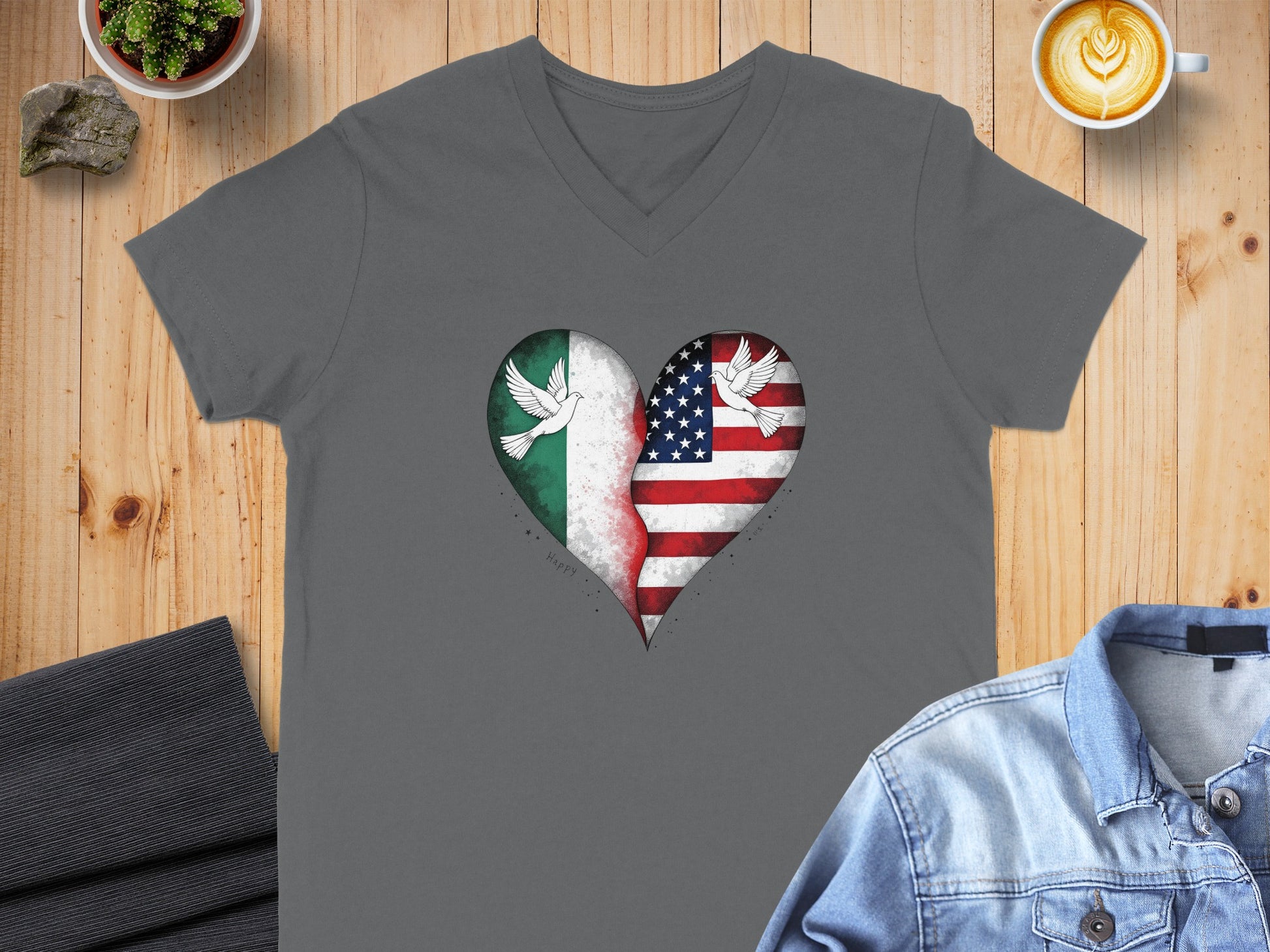 American and Italian Heart Flag V-Neck T-Shirt product