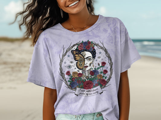 Artistic Graphic T-Shirt with Butterfly and Floral Design