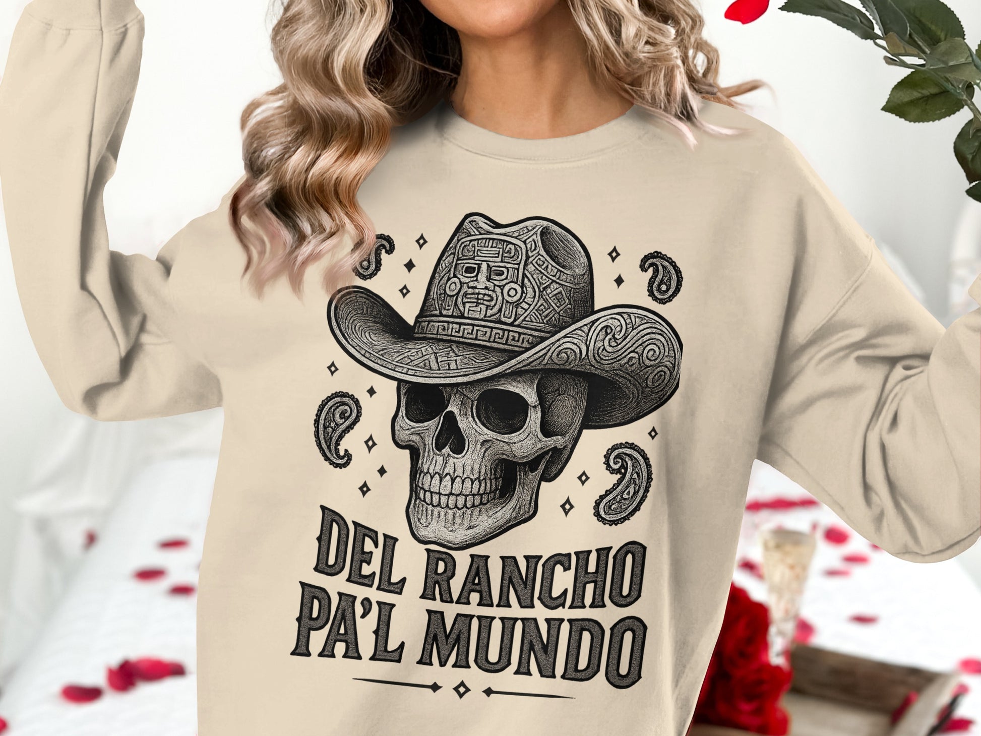 Del Rancho Pal Mundo Skull Cowboy Crewneck