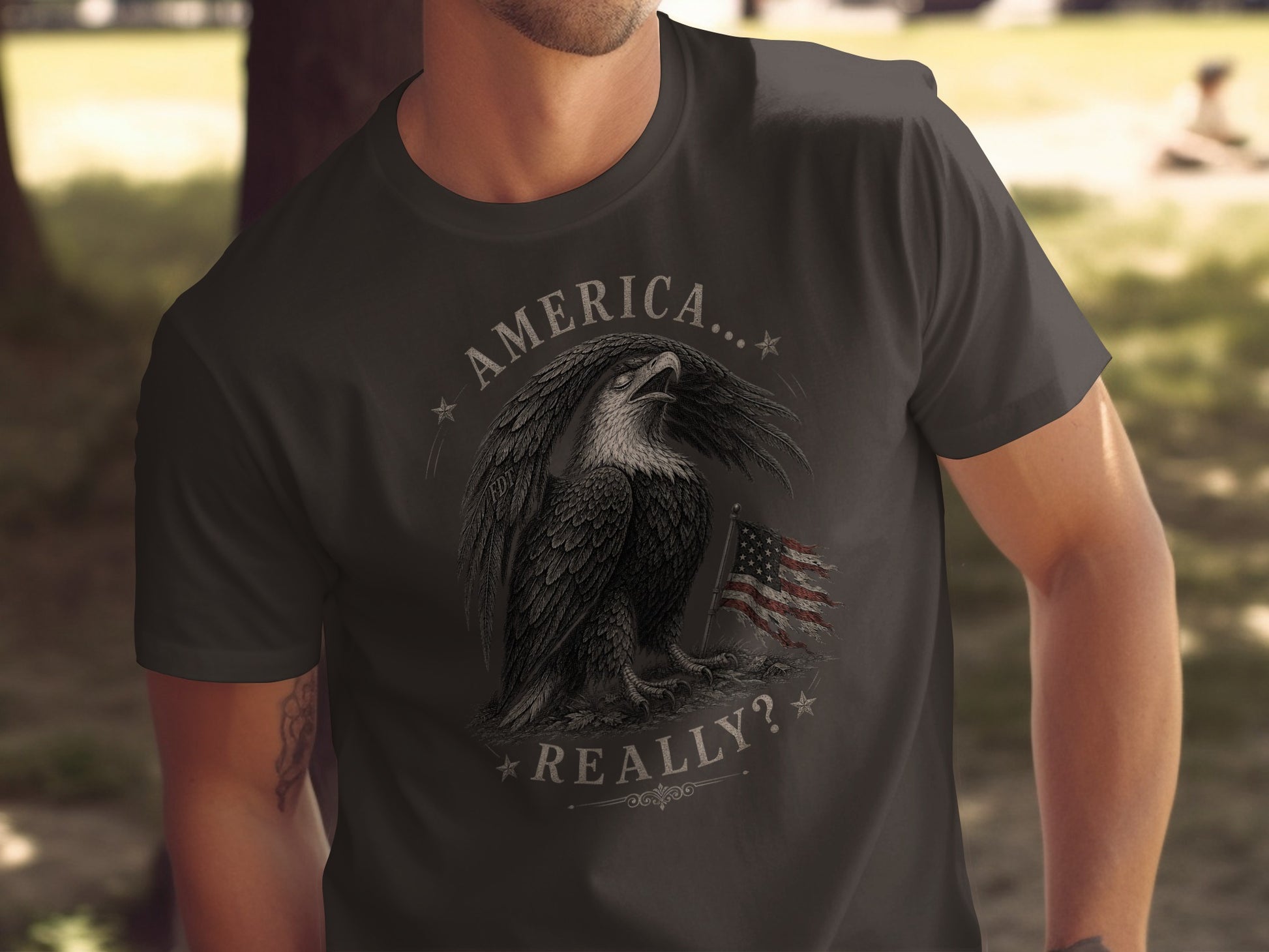 Eagle with American flag and text "America... Really?".