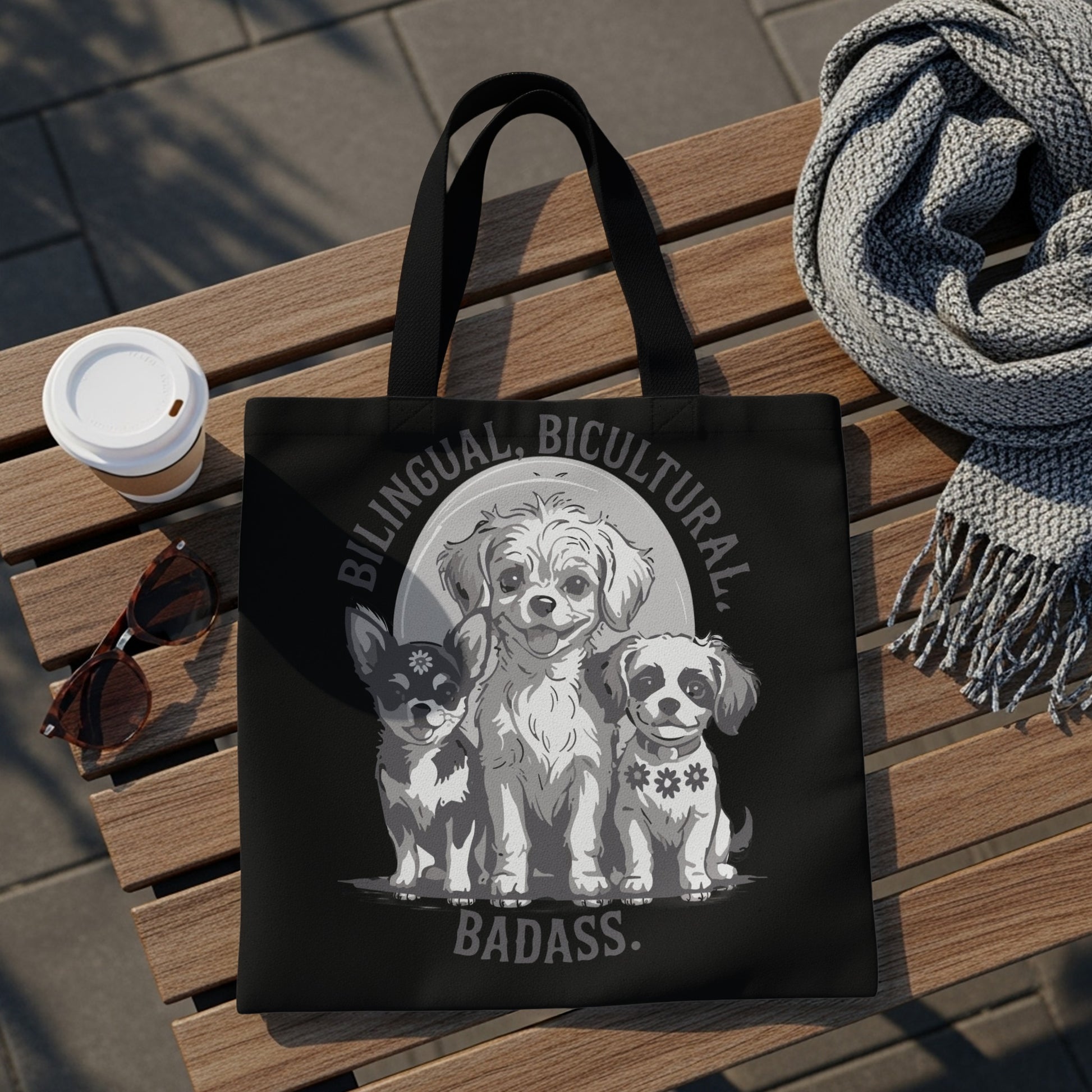 Black tote bag with three dogs and text "Bilingual, Bicultural, Badass."