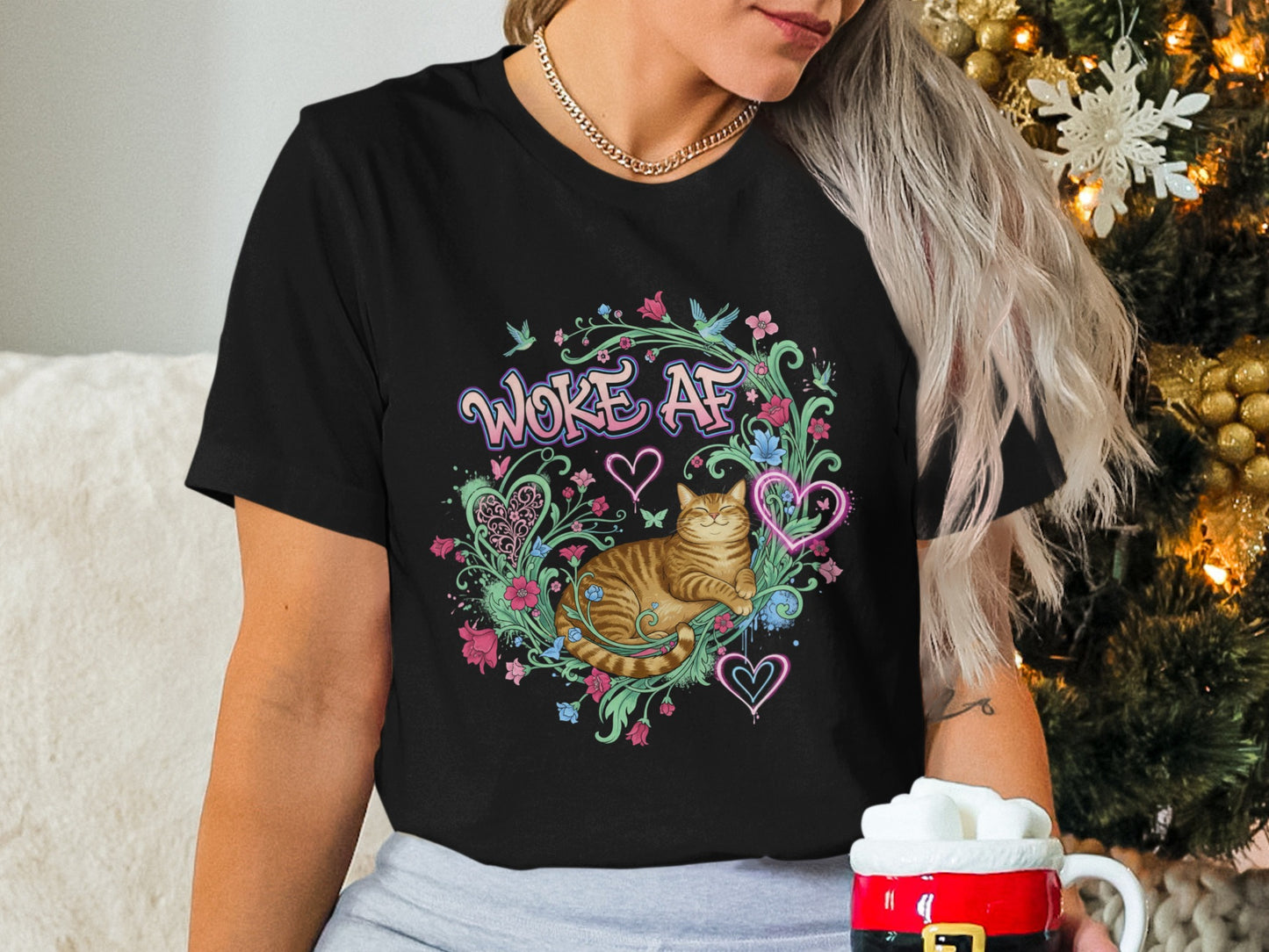 Woke AF Cat with Hearts and Flowers T-shirt