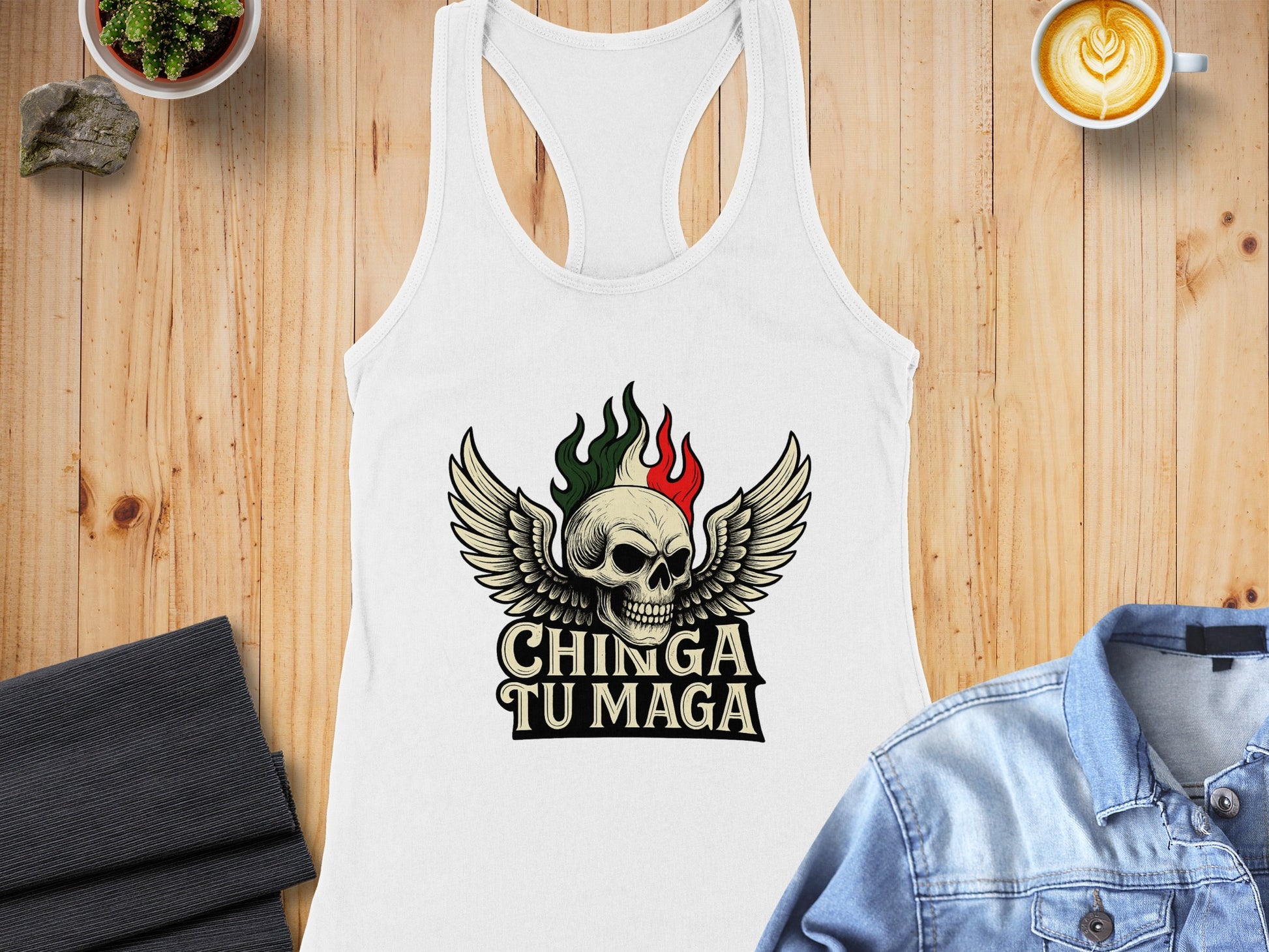 Chinga Tu Maga Skull Wings Design Tank Top