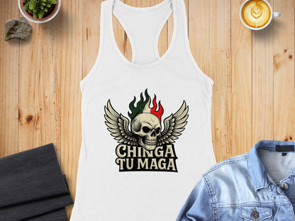 Chinga Tu Maga Skull Wings Design Tank Top