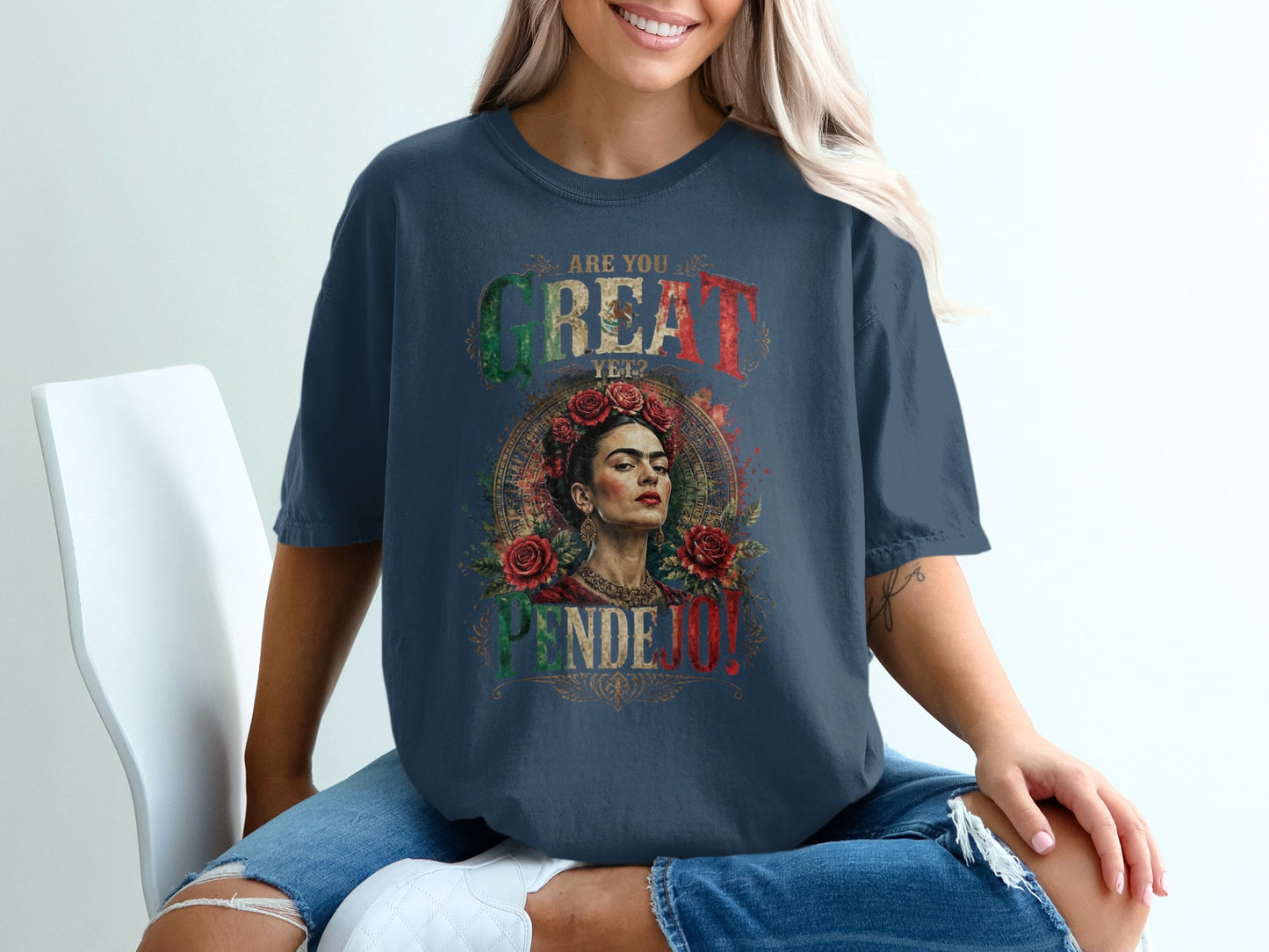 T-shirt with Frida Kahlo portrait and "Are you great yet?" text.