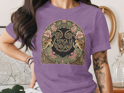 Chinga La Migra Ornate Round Design T-shirt