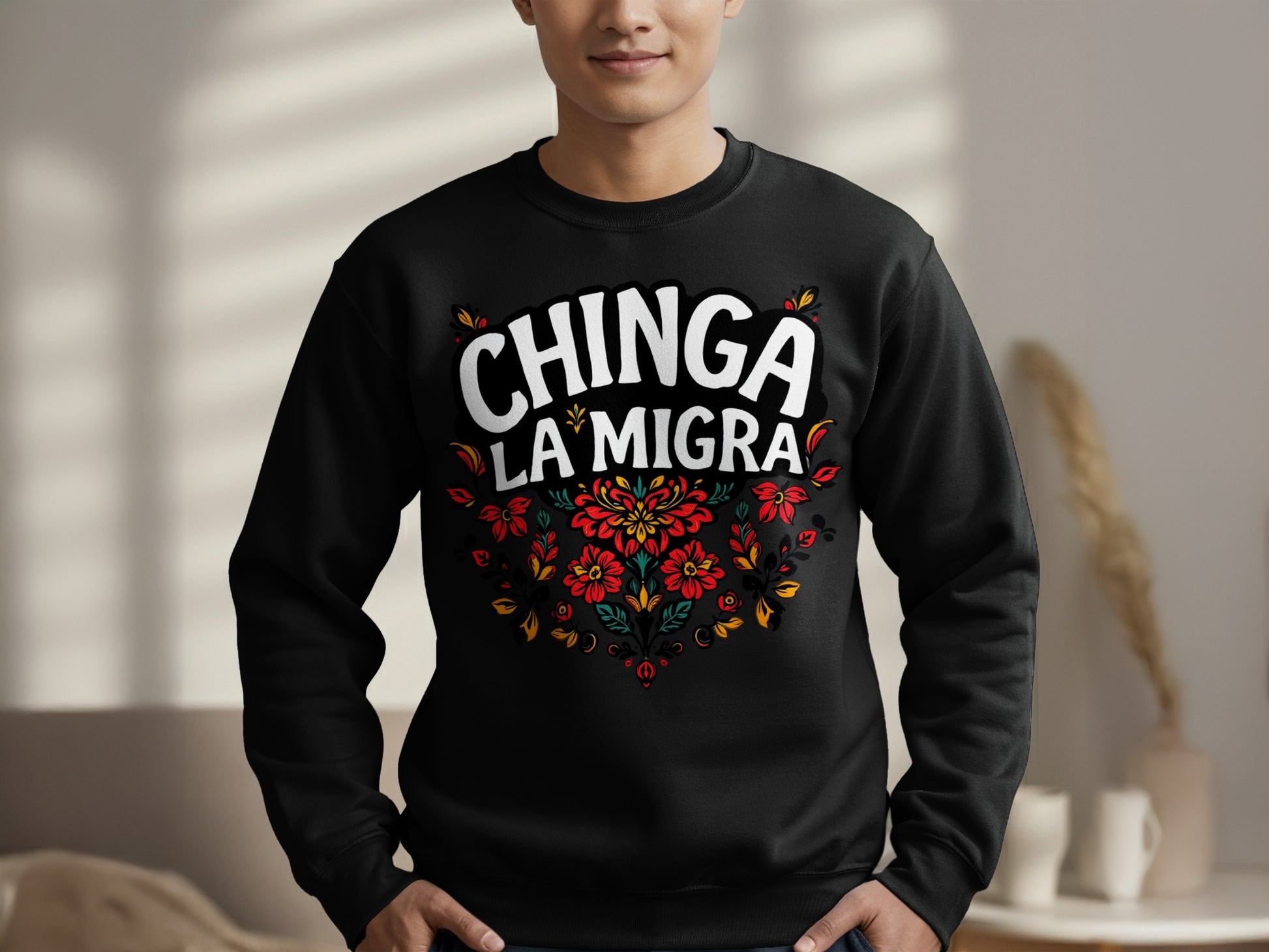 Chinga La Migra Floral Design Black Sweatshirt product
